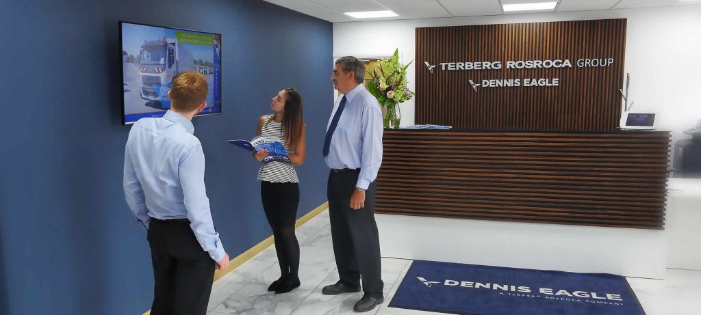 digital signage in a reception area to welcome visitors