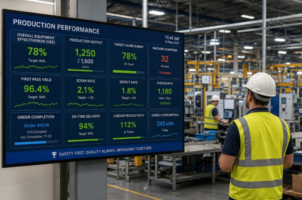 Man looking at production KPIs on a screen in a factory